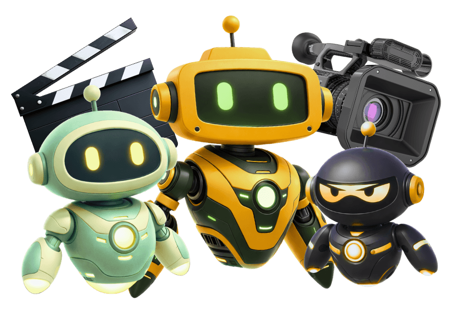 Three robotic crew members working on video production tasks in a moody cinematic environment